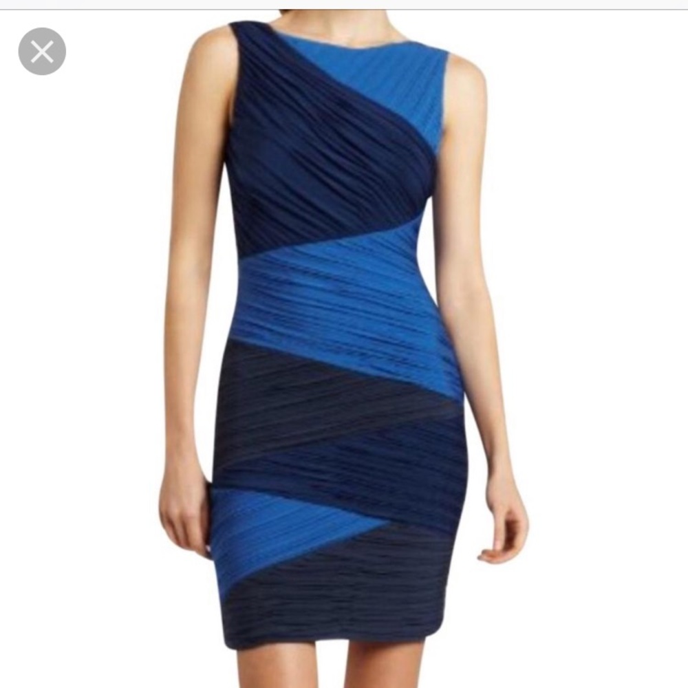 BCBGmaxazria blue ruched color block dress
